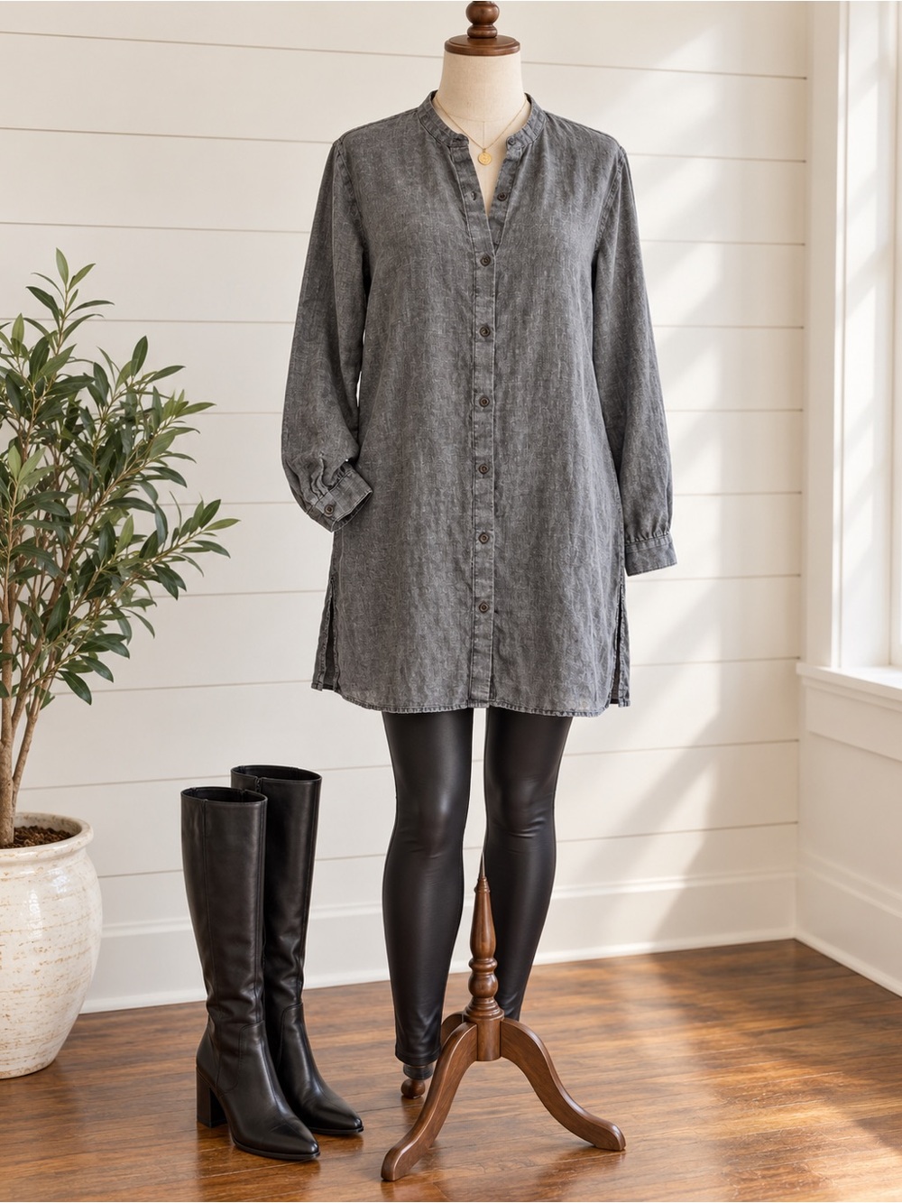 Eileen Fisher 100% Organic Linen Charcoal Button Front Tunic Shirt S/P